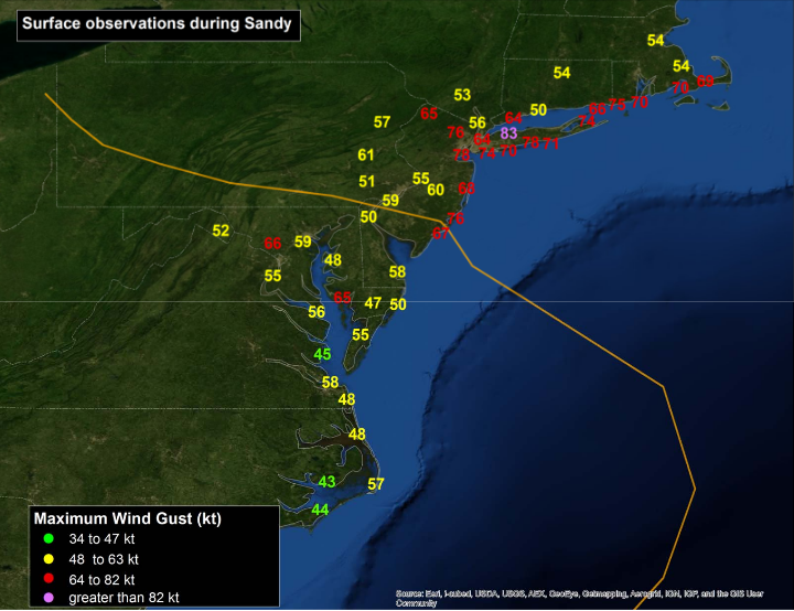 highest gusts recorded during Sandy