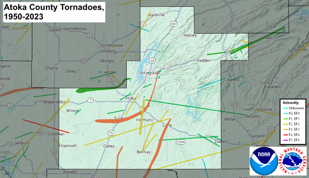 Tornado Track Map for Atoka County, OK