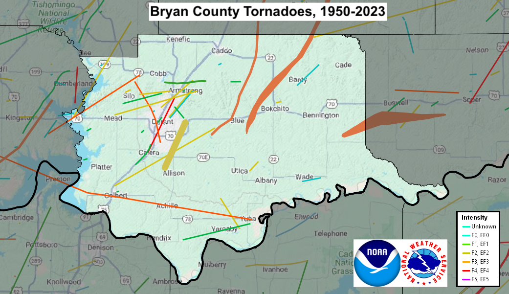 Tornado Track Map for Bryan County, OK