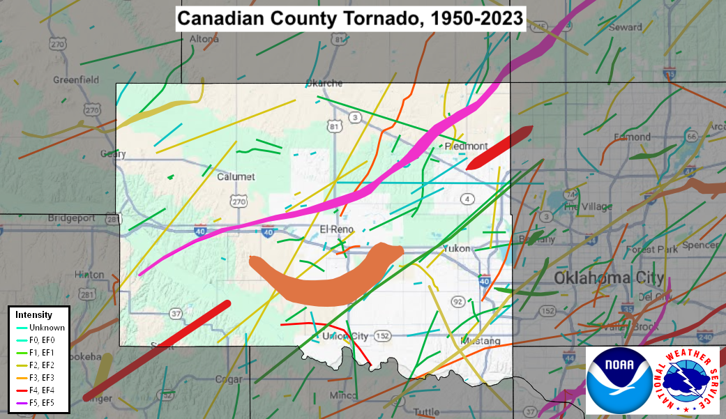 Tornado Track Map for Canadian County, OK
