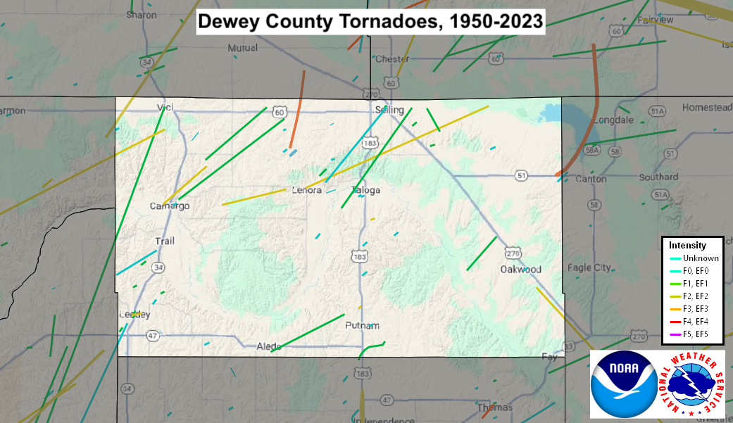 Tornado Track Map for Dewey County, OK