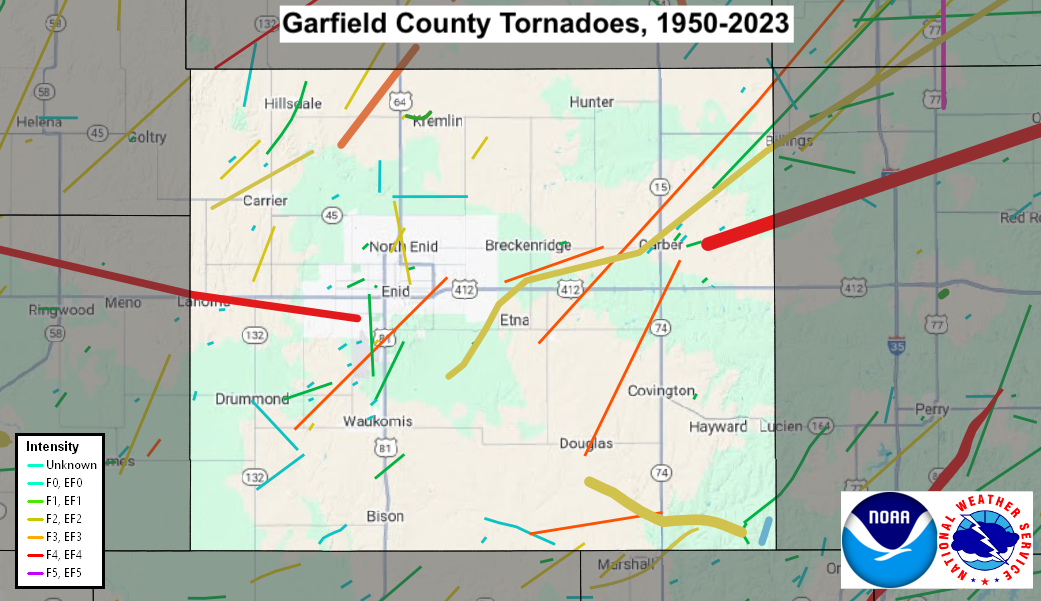 Tornado Track Map for Garfield County, OK