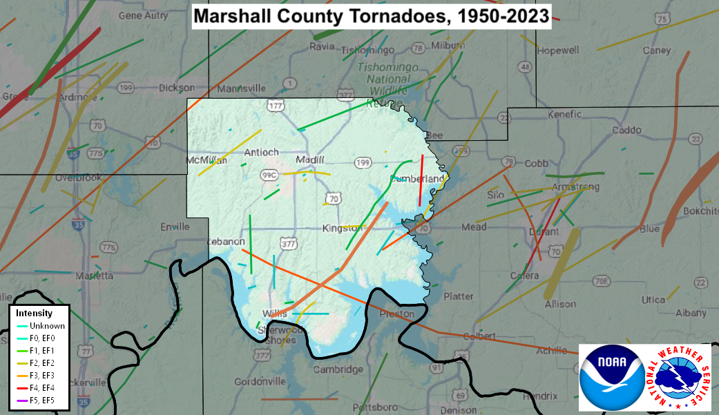 Tornado Track Map for Marshall County, OK