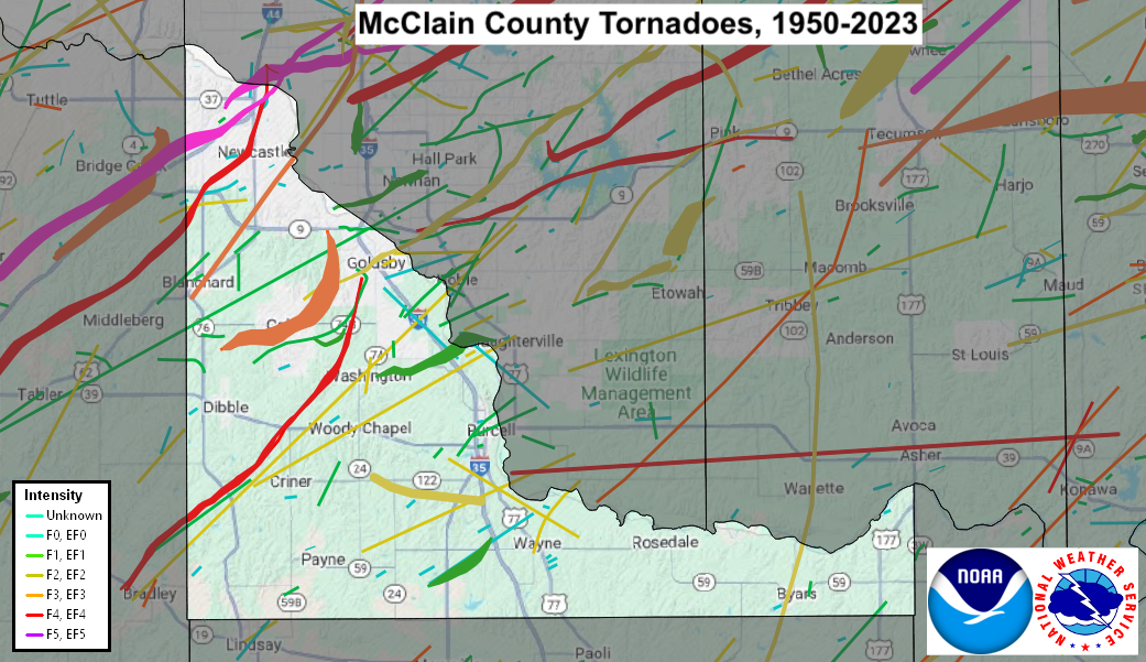 Tornado Track Map for McClain County, OK