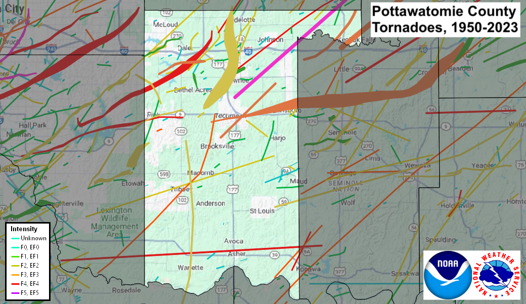 Tornado Track Map for Pottawatomie County, OK