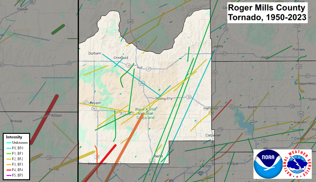 Tornado Track Map for Roger Mills County, OK