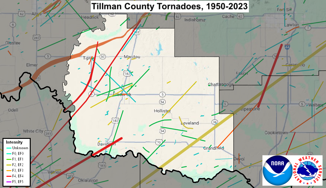 Tornado Track Map for Tillman County, OK