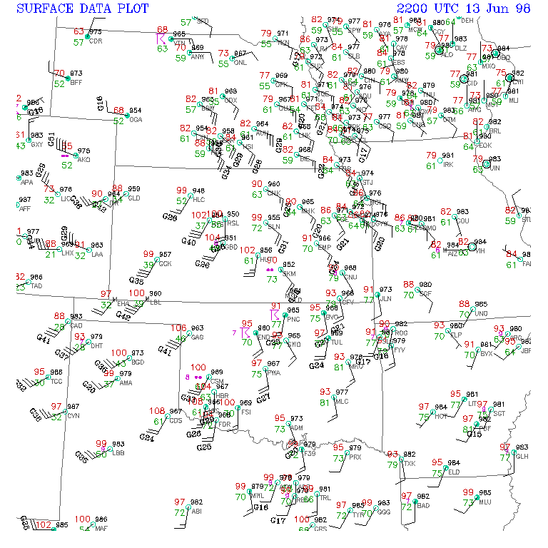 Surface Observations Map at 5 PM CDT, June 13, 1998