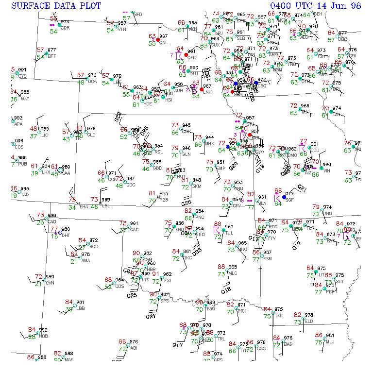 Surface Observations Map at 11 PM CDT, June 13, 1998