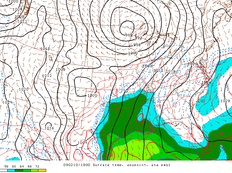 Surface Dewpoint Contours at 1:00 pm CST, February 10, 2009