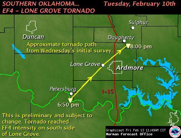 Preliminary Tornado Damage Path Map for the Lone Grove, OK Area