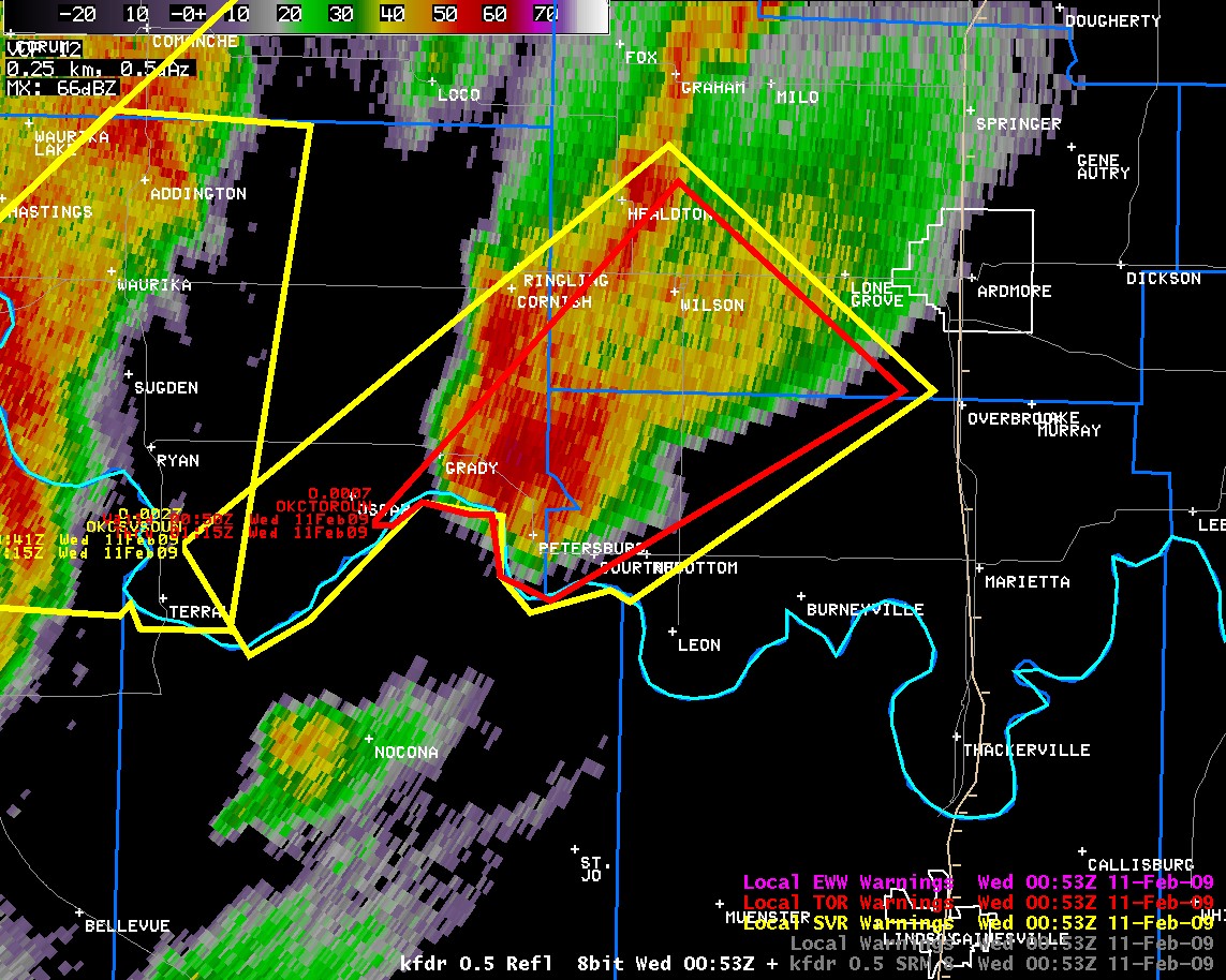 KFDR Reflectivity Image and Warning Polygons at 6:53 pm CST on February 10, 2009