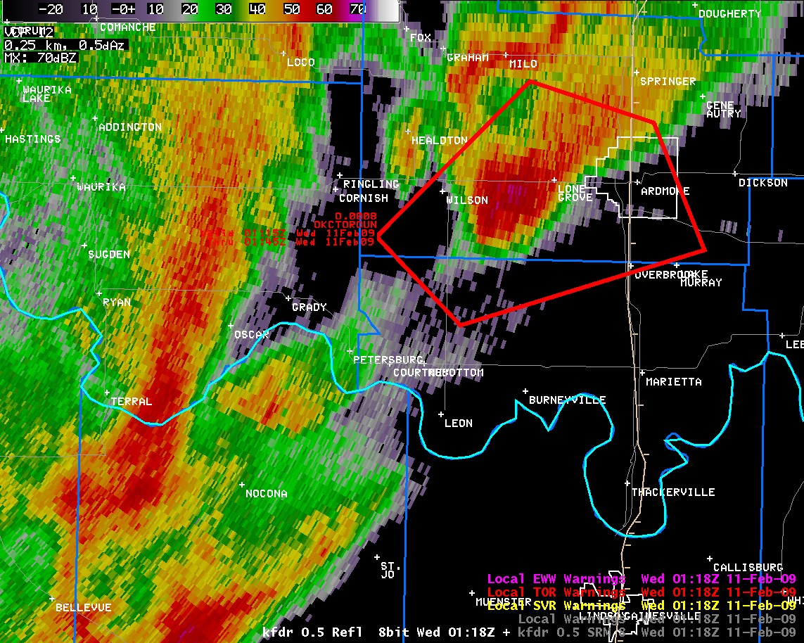 KFDR Reflectivity Image and Warning Polygons at 7:18 pm CST on February 10, 2009