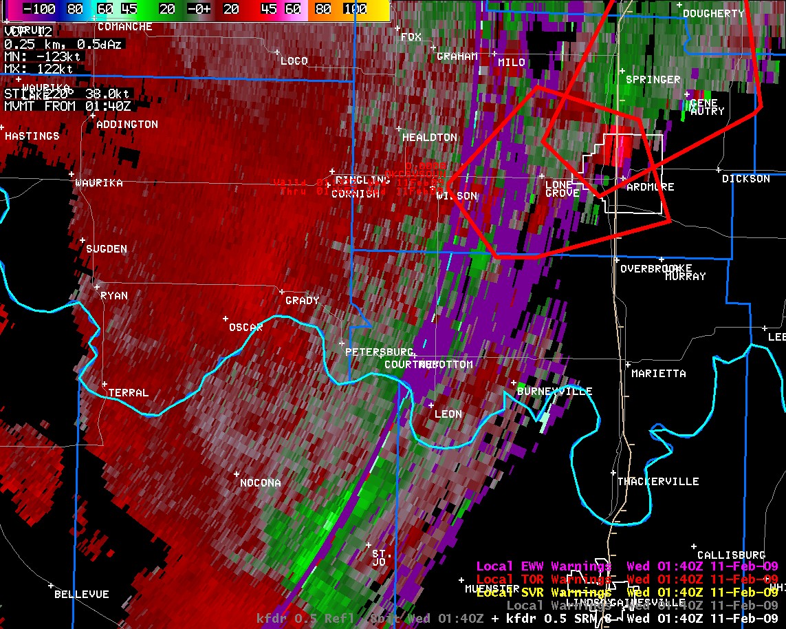 KFDR Storm Relative Velocity Image and Warning Polygons at 7:40 pm CST on February 10, 2009
