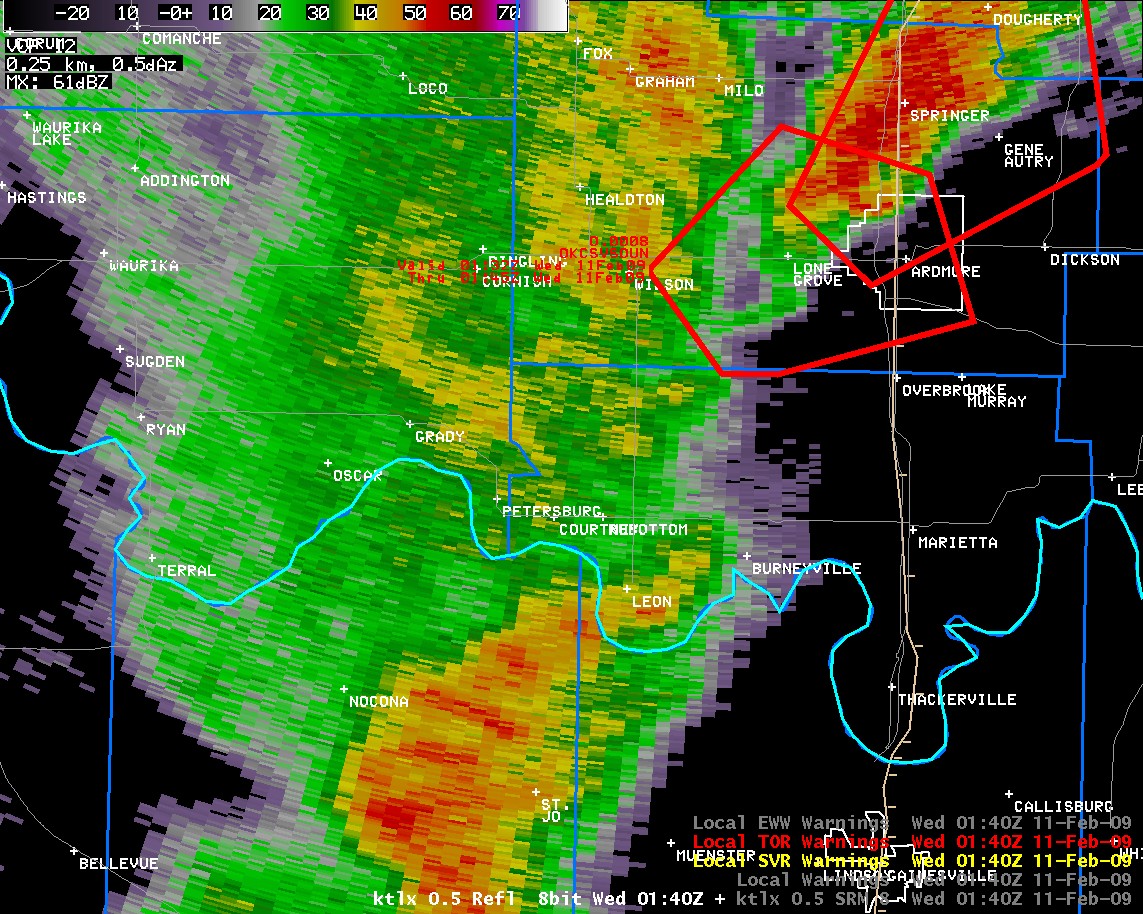 KTLX Reflectivity Image and Warning Polygons at 7:40 pm CST on February 10, 2009