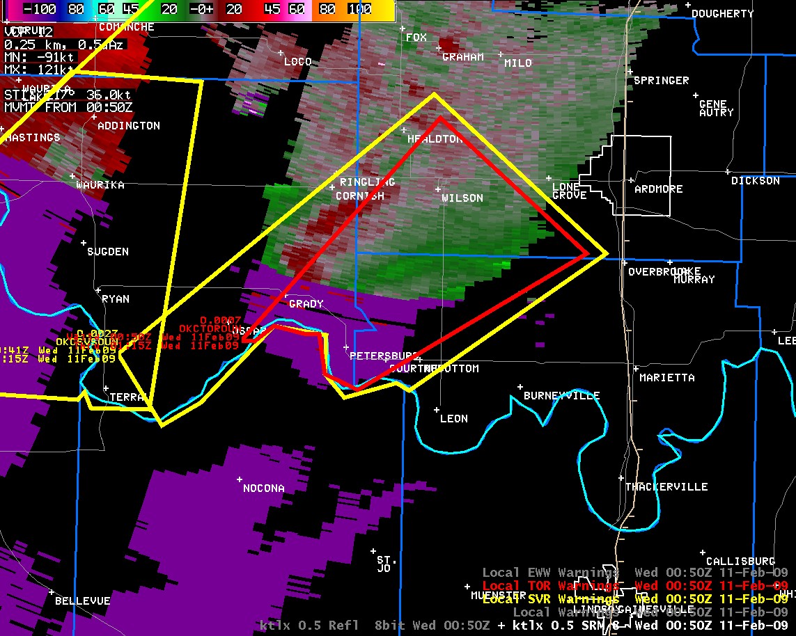 KTLX Storm Relative Velocity Image and Warning Polygons at 6:50 pm CST on February 10, 2009