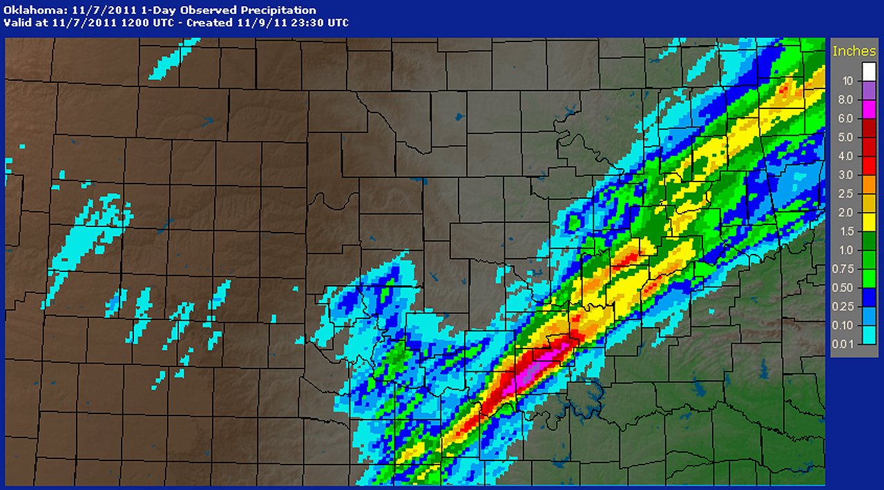 24-hour Multisensor Precipitation Estimate Map for Oklahoma and Western North Texas ending at 6 AM CST on November 7, 2011