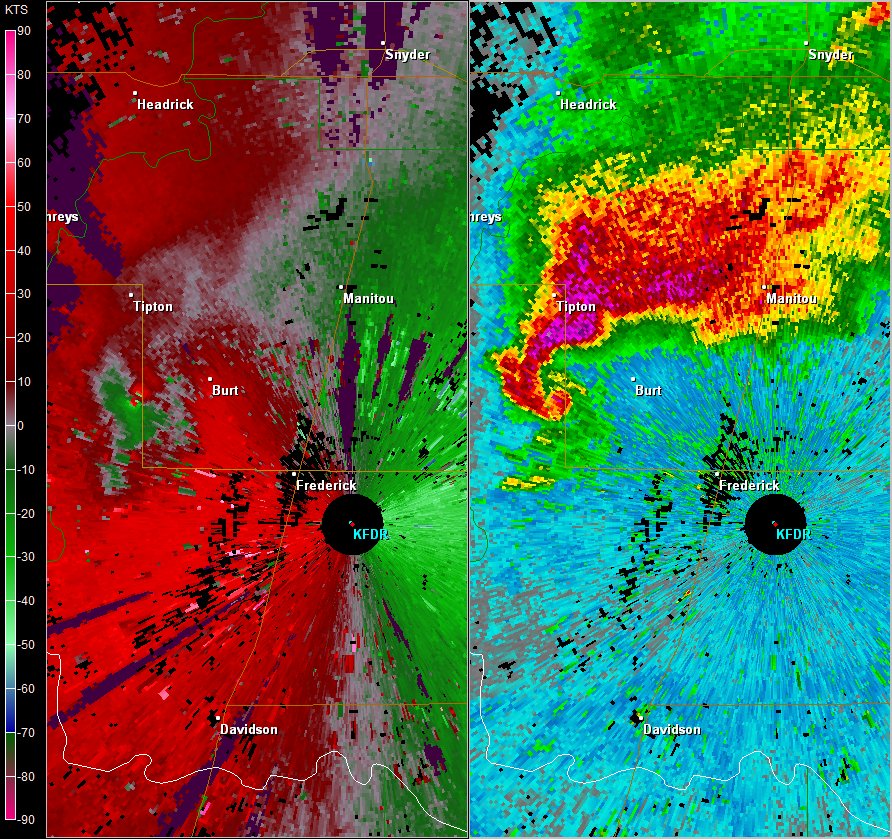 Freserick, OK (KFDR) Radar Images of Storm Relative Velocity and Reflectivity at 2:56 PM CST on November 7, 2011