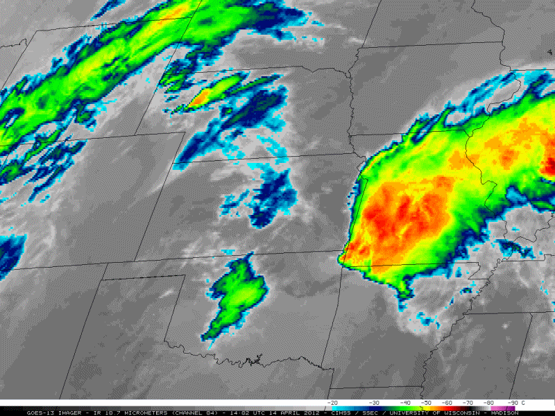 Loop of the 4-km resolution GOES-13 10.7 µm IR channel images from 10:45 am - 8:15 pm CDT on April 14, 2012.