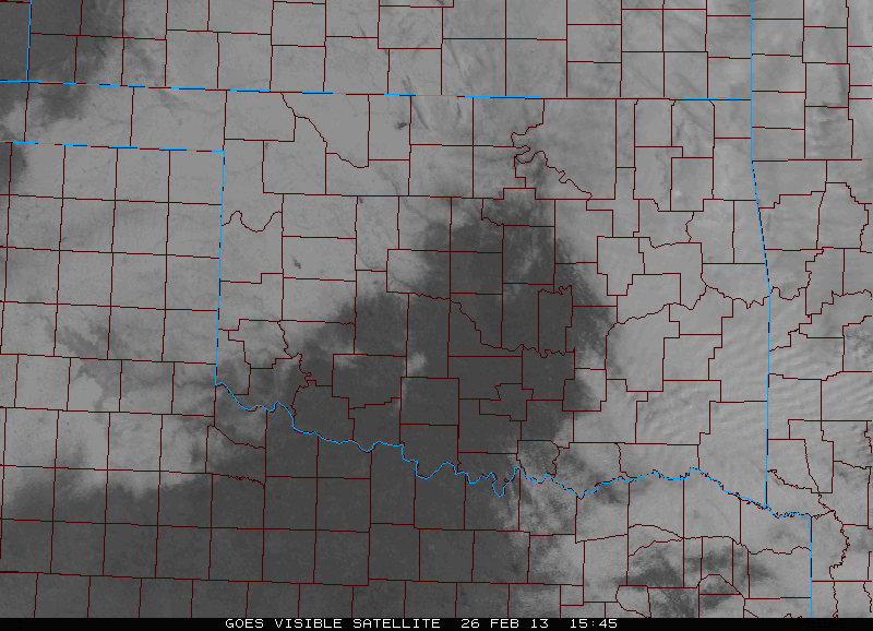 Visible satellite images from 9:45 AM CST on 2/26/2013 showing the snow pack over northwest Oklahoma.