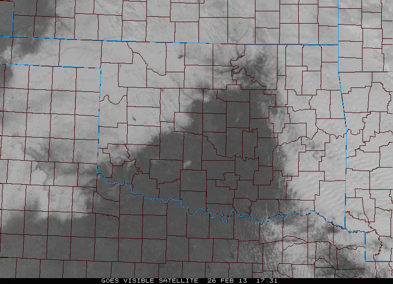 Visible satellite images from 11:31 AM CST on 2/26/2013 showing the snow pack over northwest Oklahoma.