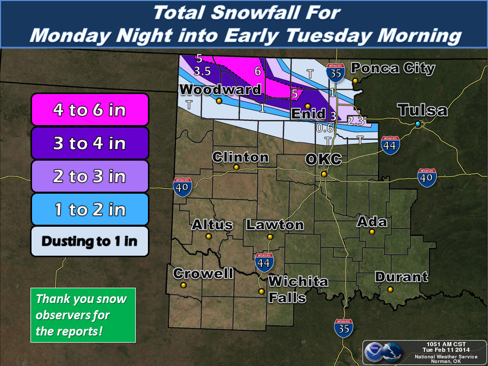 Total Snowfall Amounts for the February 10-11, 2014 Winter Weather Event in Northern Oklahoma