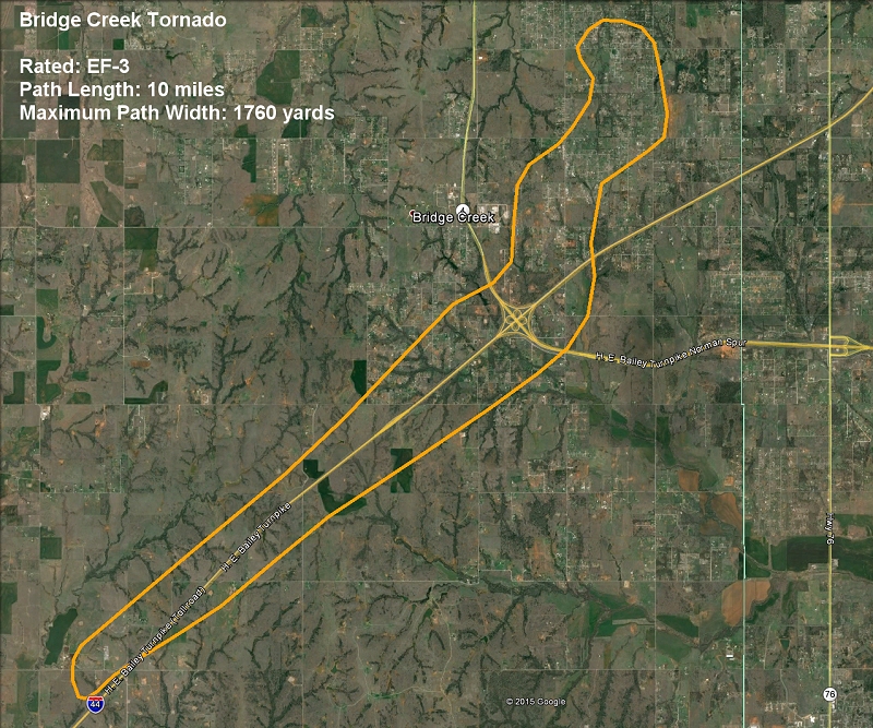 Damage Path Map for the May 6, 2015 Bridge Creek, OK Tornado