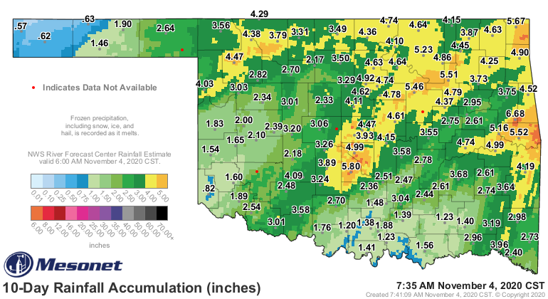10-day Precipitation Total ending at 7:35 AM CDT on November 4, 2020 for Oklahoma (Map includes precipitation totals from the Oklahoma Mesonet sites and multisensor precipitation estimates.)