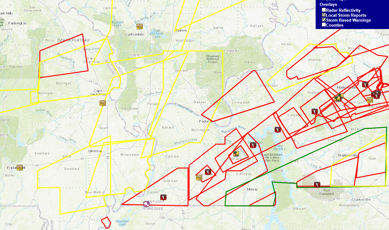 Map of storm reports and warning polygons