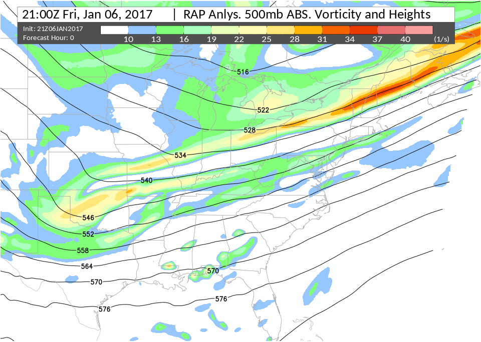 Image 1. RAP Model 500 mb Heights/Vorticity loop from Friday evening at 7pm, Jan 6th, until   Saturday afternoon at 4pm Jan 7th.