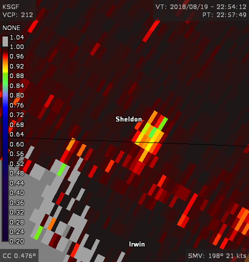 Radar detecting debris in the air near Sheldon, MO.
