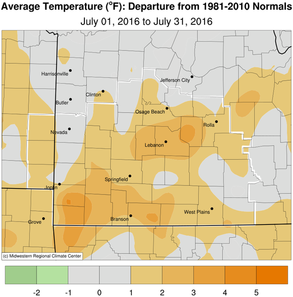 July 2016 Average Temperature Departure from Normal