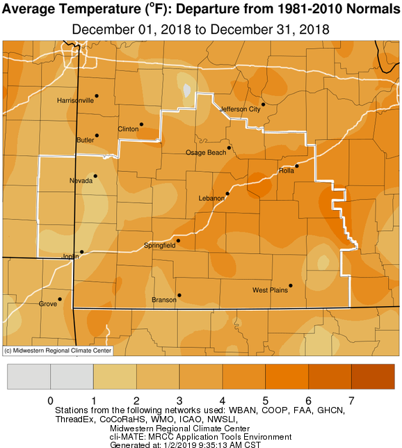 December 2018 Average Temperature Departure from Normal
