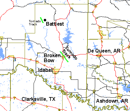 Tornado tracks in McCurtain County, OK, on May 1st, 2003