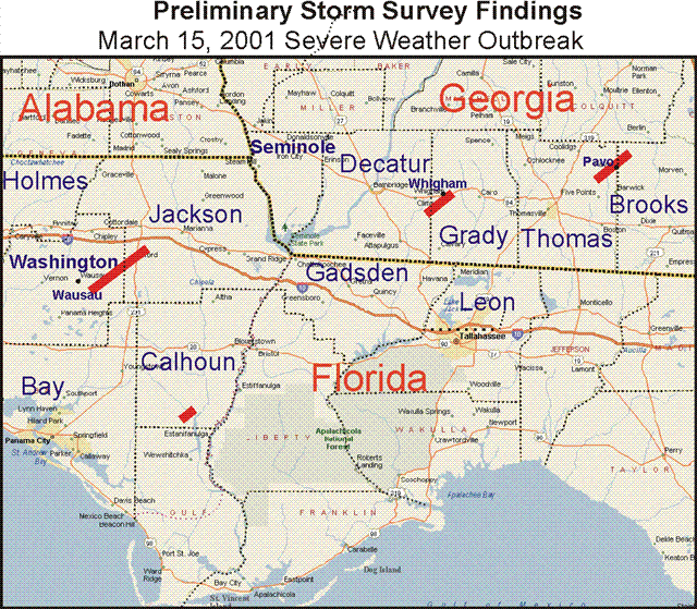 Damage paths and strengths (on the Fujita scale) of the four tornadoes that touched down on March 15.