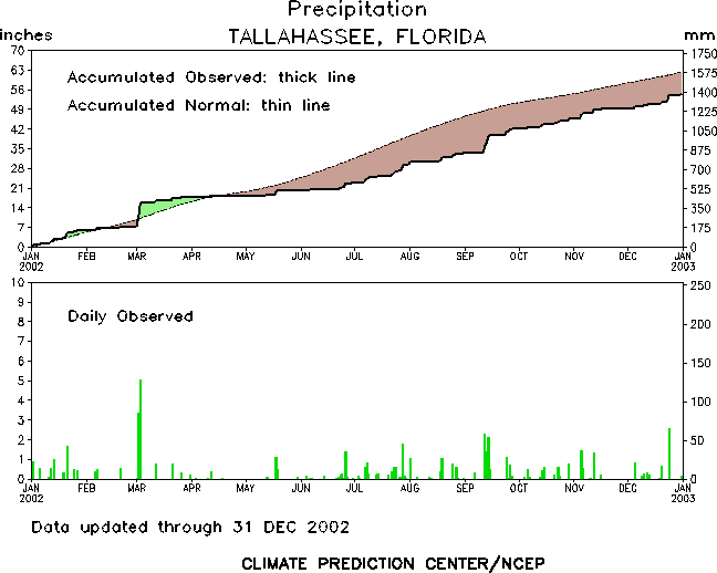 Two graphs depicting rainfall trends in Tallahassee during the year 2002.  The first graph shows accumulated rainfall throughout the year versus normal.  The second chart shows daily rainfall totals.