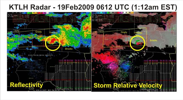 Base reflectivity and storm-relative velocity images from the Tallahassee Doppler radar (KTLH) at 0612 UTC (1:12 am EST) February 19, 2009, as the tornadic supercell tracked across Thomas County, GA. Tornado warning polygon is overlaid in yellow.