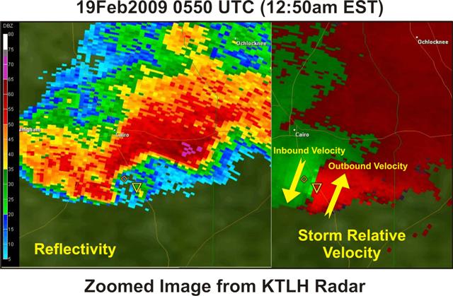 A zoomed in look at the base reflectivity and storm-relative velocity images from the Tallahassee Doppler radar (KTLH) at 0550 UTC (12:50 am EST) February 19, 2009, as the tornadic supercell tracked across Grady County, GA. Tornado warning polygon is overlaid in yellow.