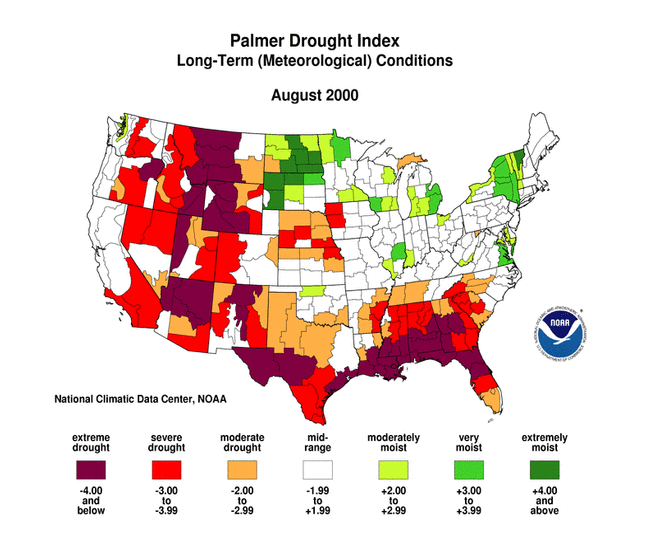 A national map depicting the Palmer Drought Index for August 2000.
