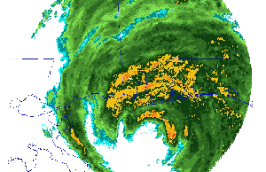 Doppler radar image of Hurricane Ivan just just before making landfall near Gulf Shores, AL, on Sept. 16, 2004.  Click on the image for an animated loop.