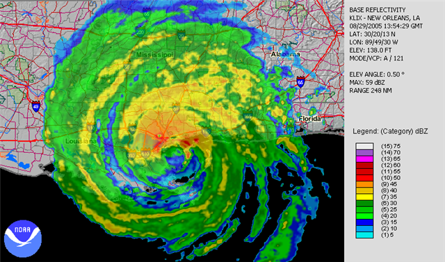Doppler radar image of Hurricane Katrina at the time of its closest approach to New Orleans, LA, on the morning of August 29, 2005.  Click on the image for an animated loop.