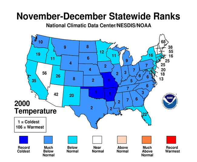 A national map depicting the rank of November-December 2000 temperatures for each state, compared with previous years.
