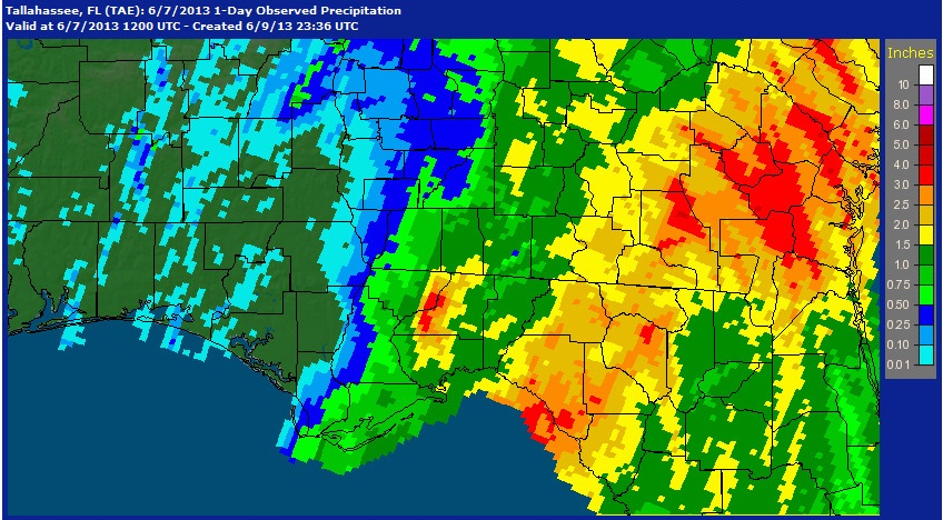 24-hr AHPS precipitation analysis ending at 12 UTC June 7, 2013 courtesy of the Southeast River Forecast Center.