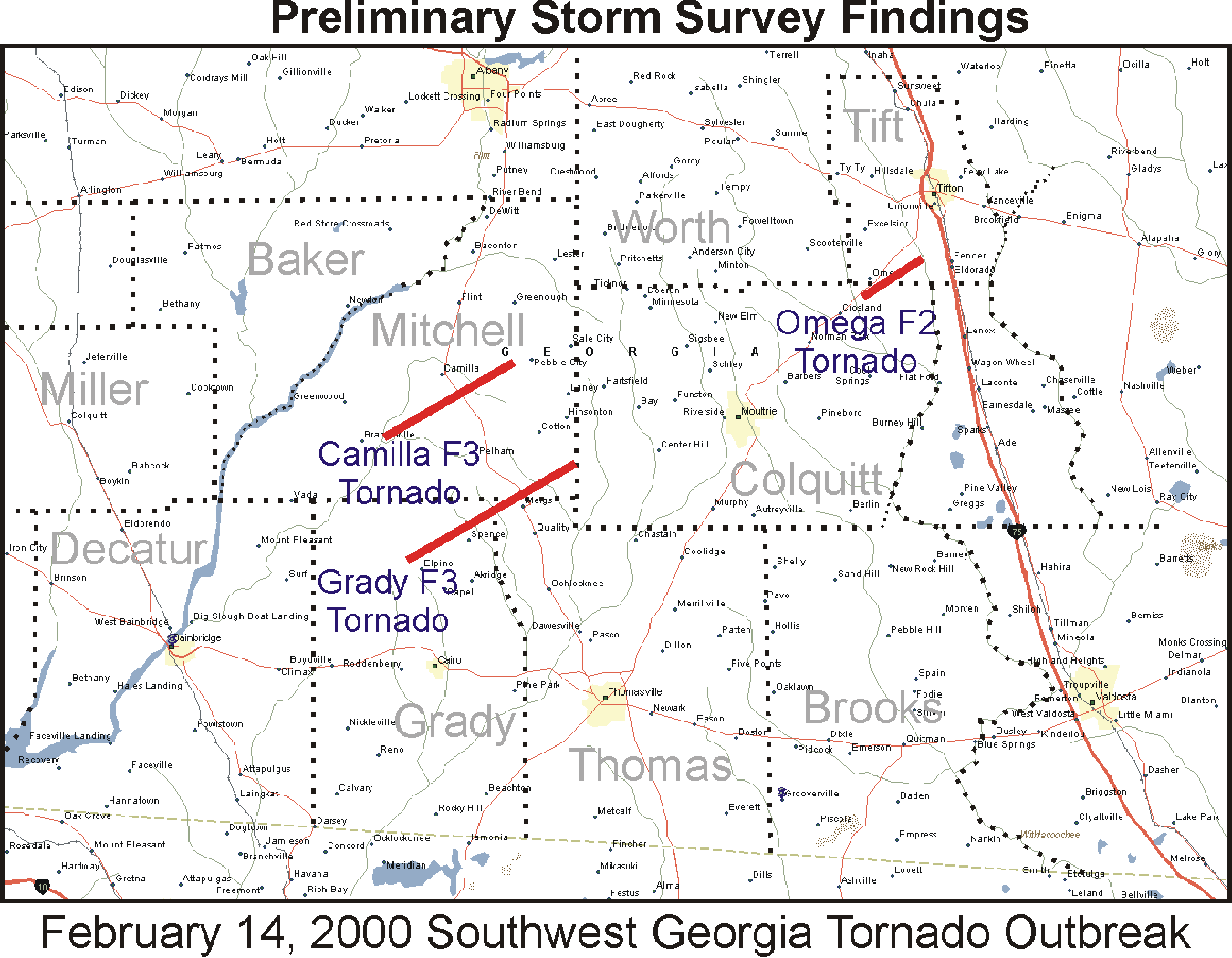 Damage paths and strengths (on the Fujita scale) of the three deadly tornadoes.