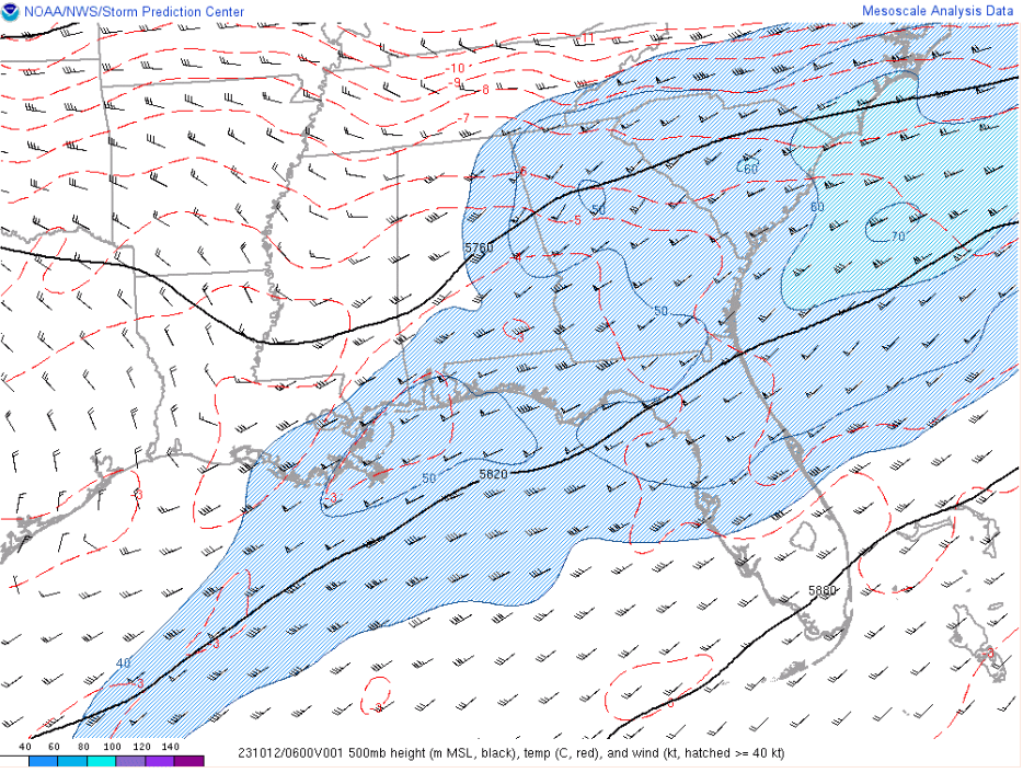 500mb Temperature, Wind, and Height from 10/12/23 at 06Z (2AM)