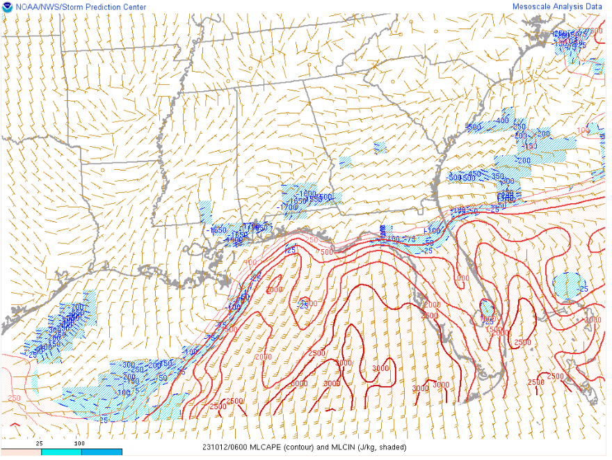 MLCAPE and MLCIN from 10/12/23 at 06Z (2AM)