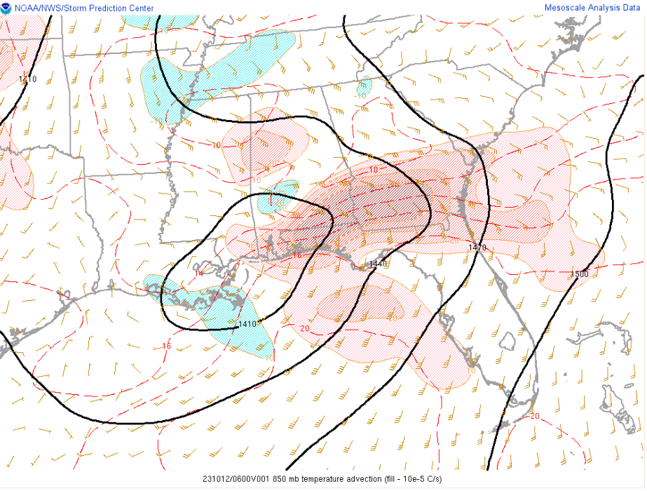 850mb Temperature Advection from 10/12/23 at 06Z (2AM)