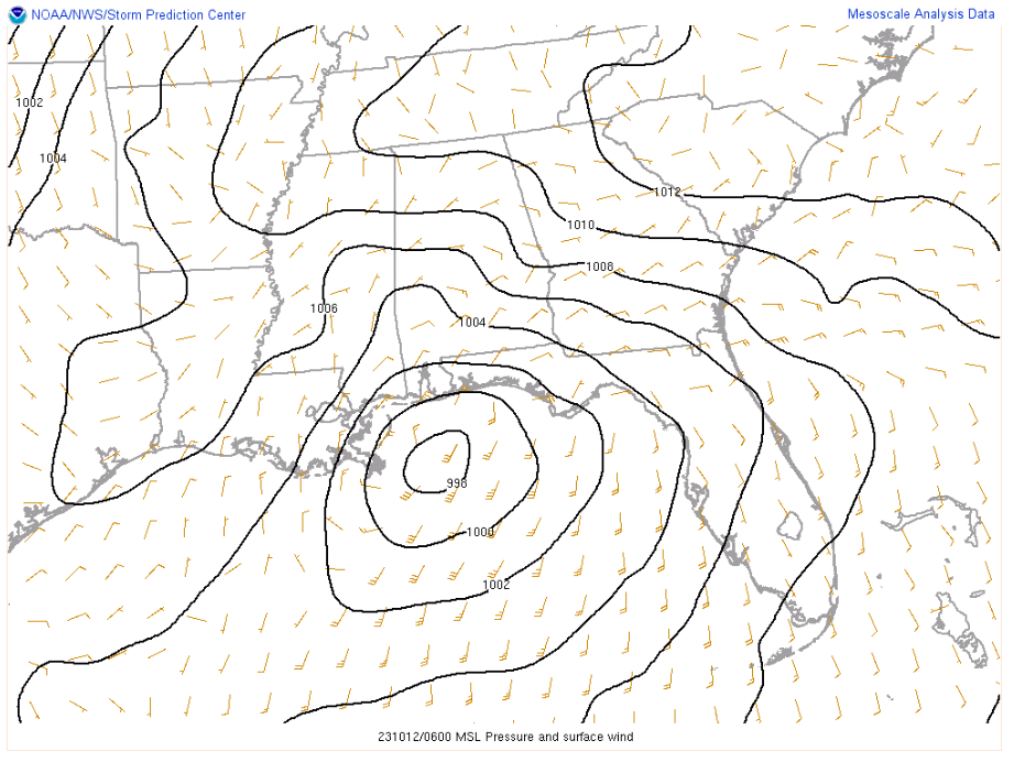 Mean Sea Level Pressure and Surface Analysis from 10/12/23 at 06Z (2AM)