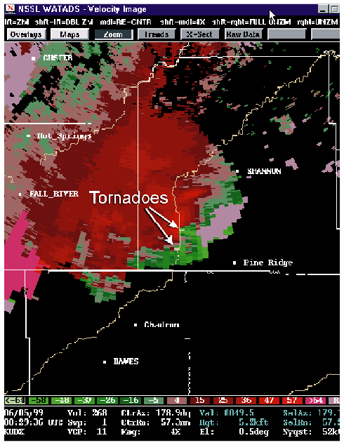 Radar velocity at 6:29 pm MDT on June 4, 1999