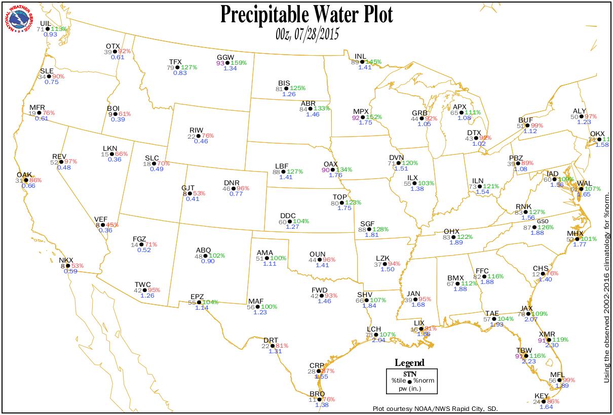 Precipitable water plot valid 6 pm MDT 27 July 2015 (00z the 28th)